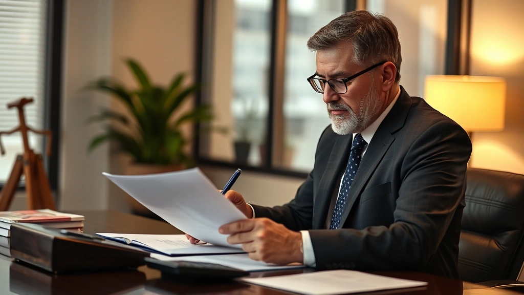 Professional lawyer in business suit reviewing legal documents at desk with pen and calculator, warm office lighting, focused expression