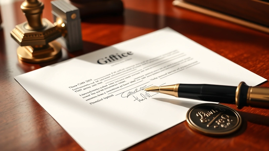 Close-up of signed gift letter document with pen, notary stamp, and official seal on mahogany desk with soft natural lighting