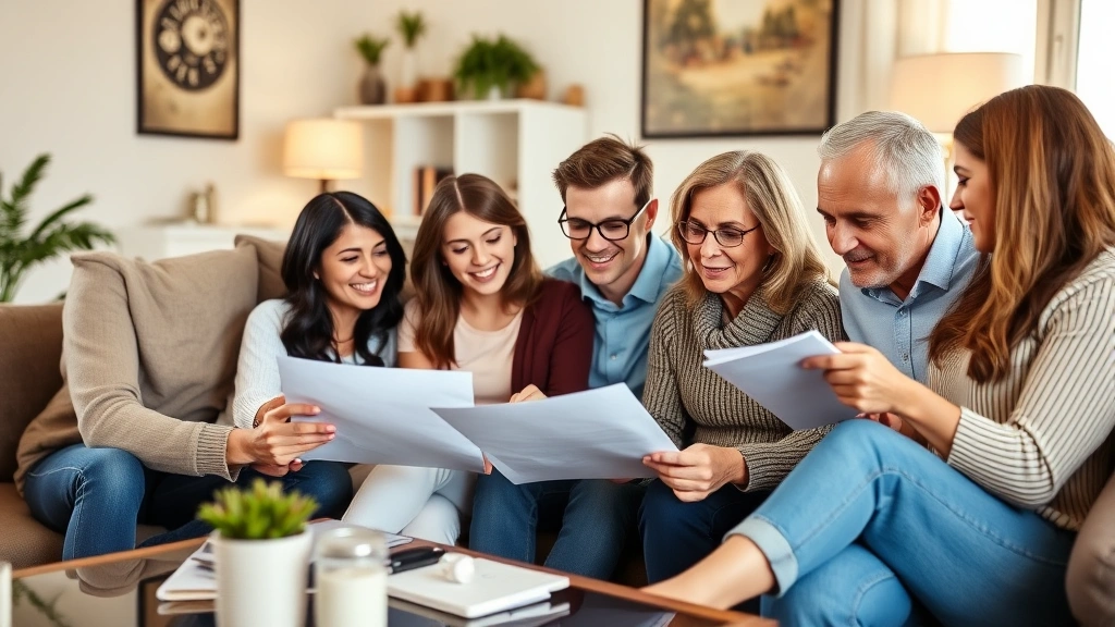 Diverse family members sitting together in living room reviewing financial documents, warm atmosphere, genuine interaction, professional setting