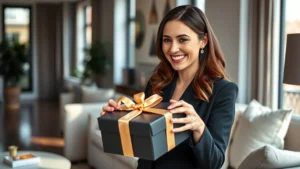 Professional woman opening an elegant wrapped gift box with ribbon in a modern living room, smiling warmly, natural lighting from windows, contemporary home décor background, sophisticated and joyful expression