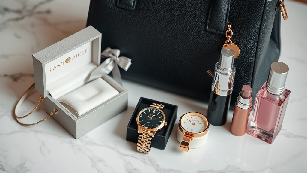 Close-up of luxury gift items arranged on marble surface including designer handbag, premium jewelry box, quality watch, and high-end cosmetics, professional product photography style, neutral background