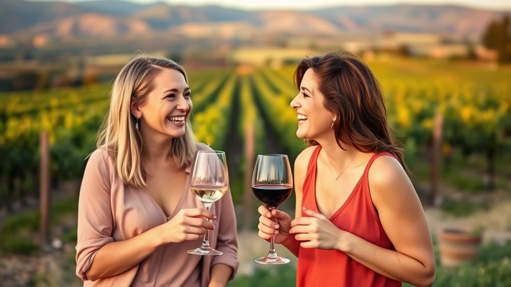 Two women enjoying wine tasting at a vineyard, laughing together outdoors, scenic vineyard landscape background, golden hour lighting, celebrating friendship and shared experience