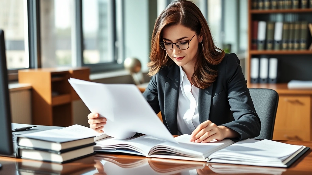 Professional female lawyer in business suit reviewing documents at desk with law books and legal files visible, focused expression, natural office lighting, corporate environment