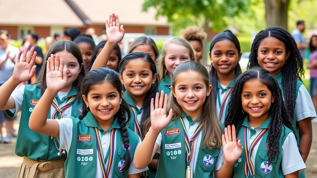Diverse group of young girls in Girl Scout uniforms standing together outdoors with hand raised in pledge gesture, smiling confidently, natural daylight, community setting