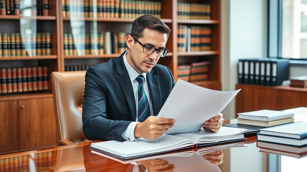 Professional male attorney in formal business suit reviewing legal documents and case files at polished wooden desk in modern law office with bookshelves in background