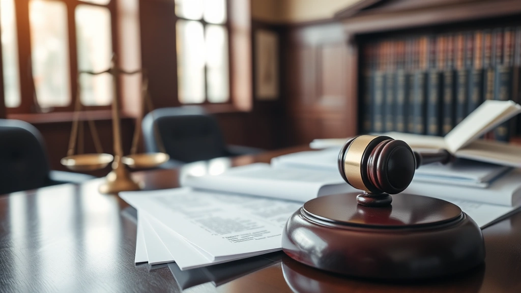 Close-up of judge's gavel resting on legal papers and law books in a well-lit courthouse office, showing scales of justice symbol on desk