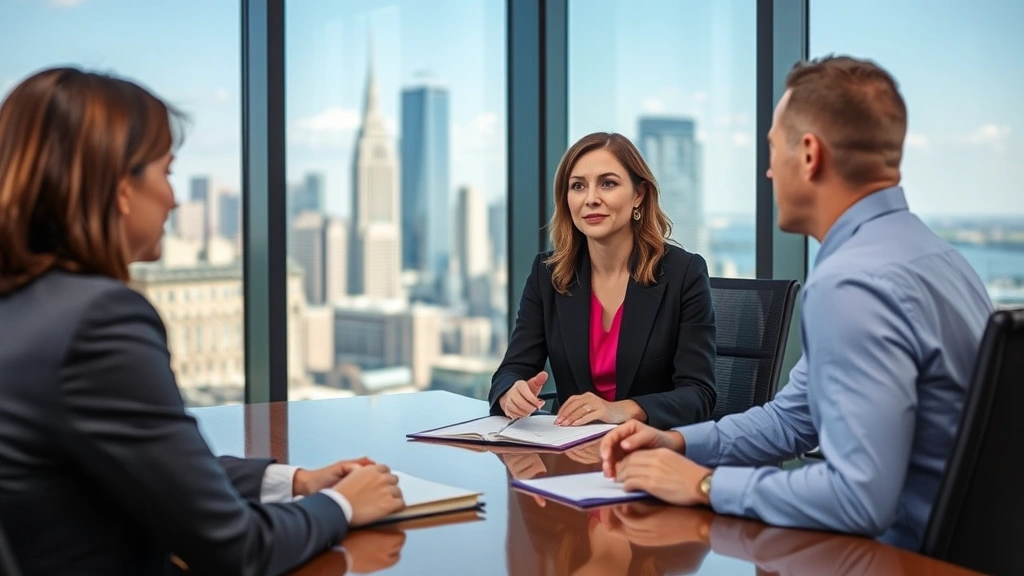 Female lawyer in professional attire discussing case strategy with client across conference table in modern legal office setting with city skyline visible through windows