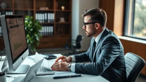 Professional lawyer researching legal documents on computer at modern law office desk, serious focused expression, natural lighting from window