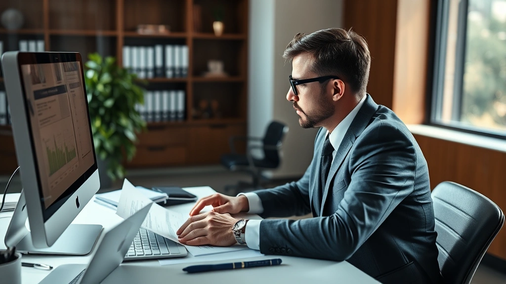 Professional lawyer researching legal documents on computer at modern law office desk, serious focused expression, natural lighting from window