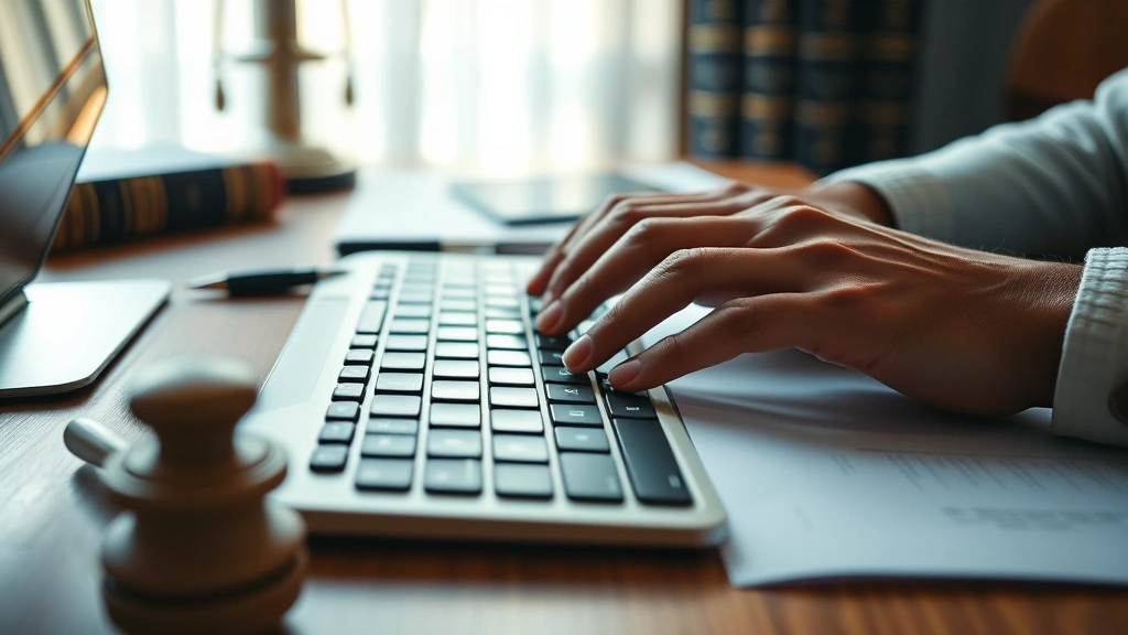 Close-up of hands typing on keyboard with law books and legal documents visible on desk, professional workspace setup, warm lighting