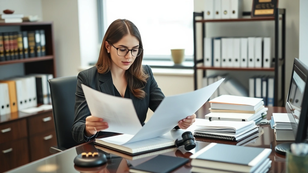 Female attorney in business suit reviewing court documents and taking notes at desk, organized legal workspace with multiple reference materials, professional office environment