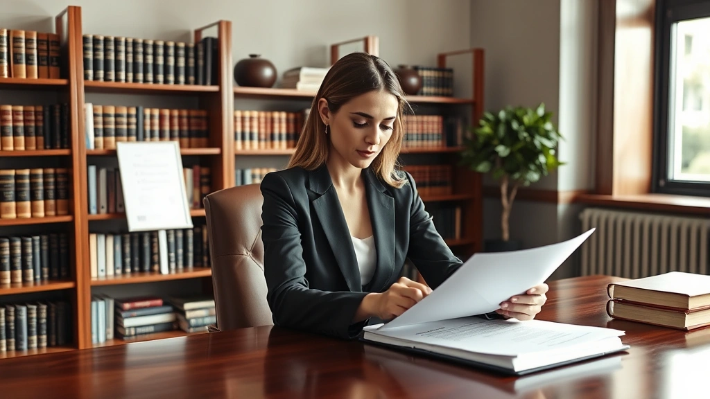 Professional female attorney in business suit reviewing legal documents and case files at wooden desk in modern law office with bookshelves, natural lighting from window
