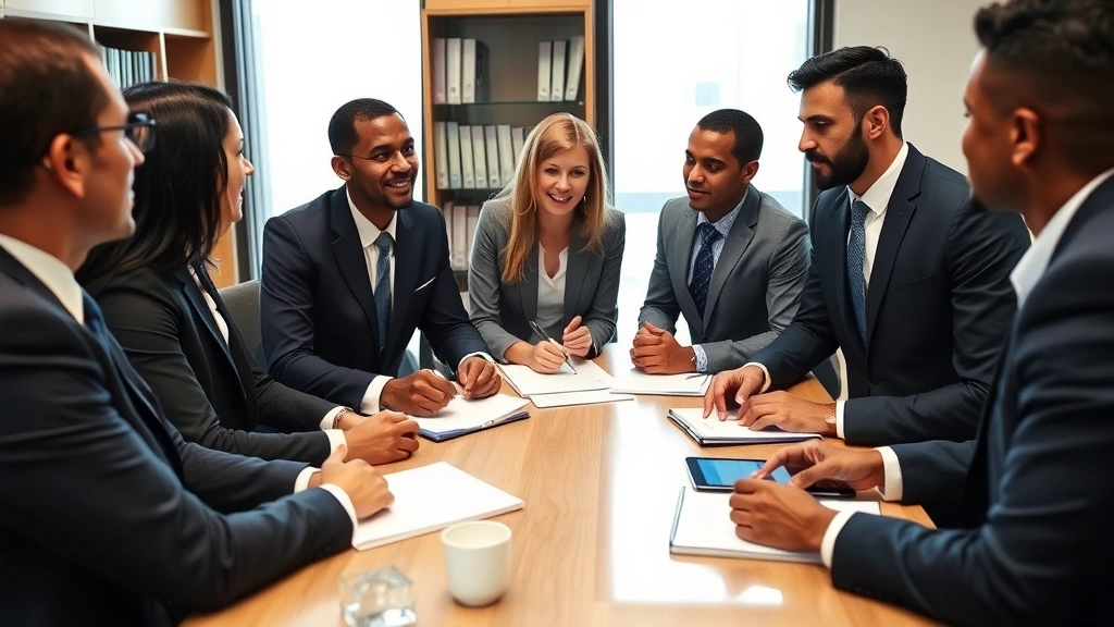 Diverse group of attorneys in formal business attire discussing case strategy around conference table with legal briefs and tablets, professional law office setting