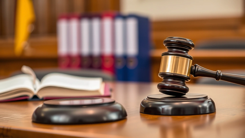 Close-up of judge's gavel on bench with law books and evidence folders blurred in background, courtroom professional environment