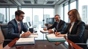 Professional office environment with lawyers reviewing regulatory documents and compliance records on desks, serious businesslike atmosphere, modern law firm setting