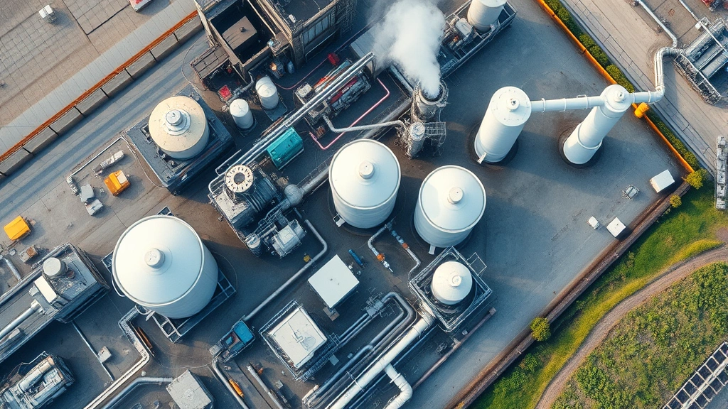 Aerial view of industrial facility with manufacturing equipment and pollution control systems, showing operational infrastructure and environmental compliance measures in place