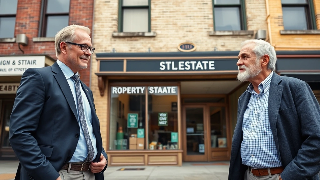 Real estate professional and property owner standing in front of established commercial building with vintage storefront, discussing zoning and property use regulations