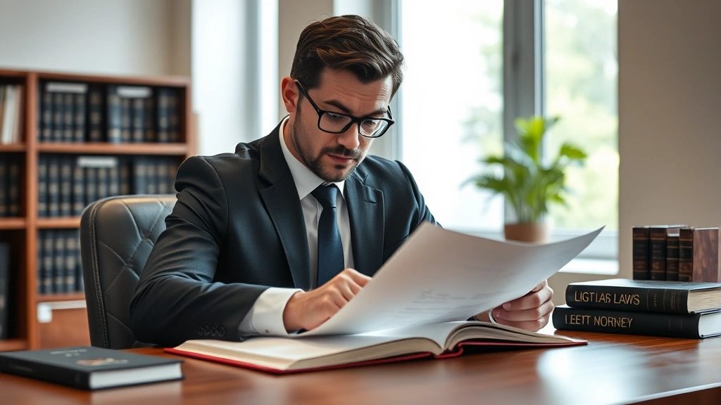 Professional male attorney in dark suit reviewing legal documents at wooden desk with law books, serious focused expression, modern law office background with natural window lighting