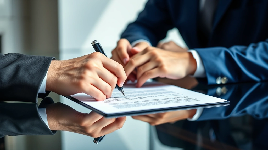 Close-up of hands exchanging signed contract document across polished table with pen, professional business setting, neutral background, daylight