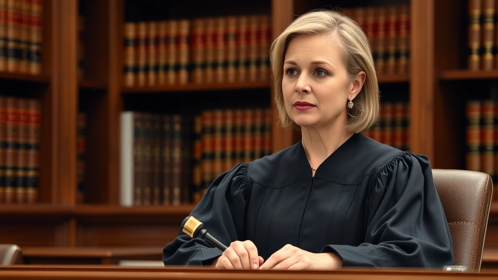 Female judge in black robes sitting at bench with gavel, law library with books visible behind, thoughtful expression, formal courtroom setting, professional lighting