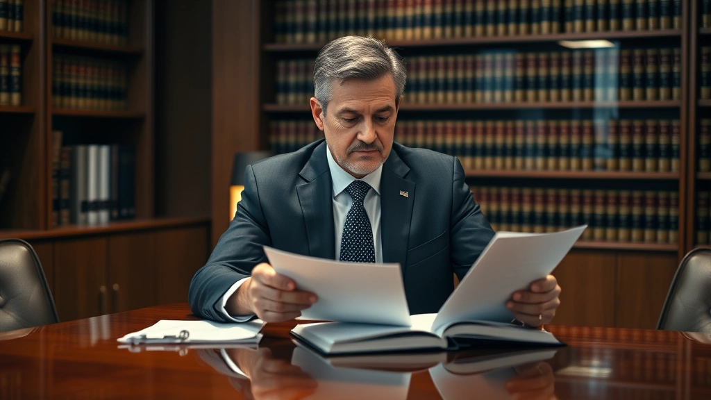 Professional middle-aged lawyer in business suit reviewing legal documents at polished wooden desk in modern law office, warm lighting, serious focused expression, law books visible on shelves behind, photorealistic