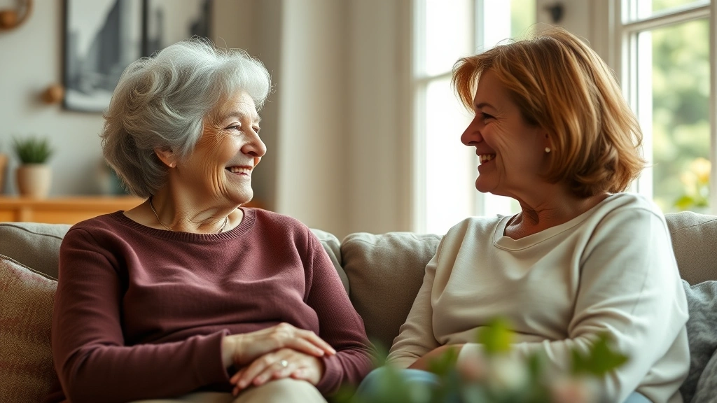 Elderly woman and adult daughter sitting together in comfortable home setting having calm conversation, natural window lighting, both smiling warmly, casual home environment visible, photorealistic