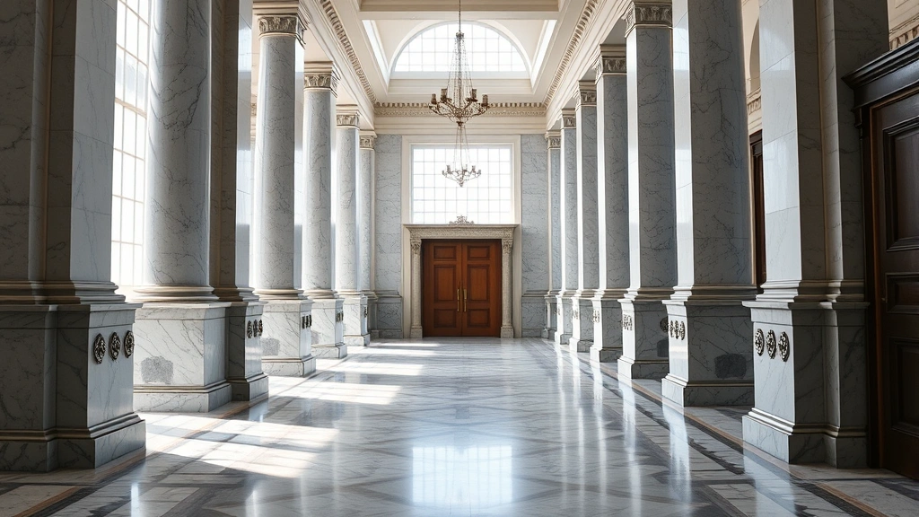 Courthouse interior hallway with marble columns and professional architecture, empty and formal, natural daylight from windows, official government building aesthetic, photorealistic