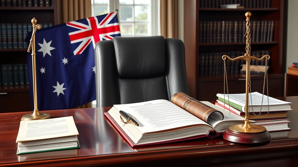 Professional legal office setting with Australian flag, law books, and documents on desk, representing Australian legal authority and firearm regulation governance, natural lighting, formal professional atmosphere