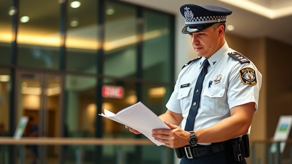 Australian police officer in formal uniform reviewing firearm registration documents and database records, representing law enforcement oversight and regulatory compliance monitoring, professional government building interior