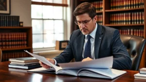 Professional Colorado attorney in business attire reviewing firearms regulations documents at wooden desk with law books visible in background, natural office lighting, serious focused expression