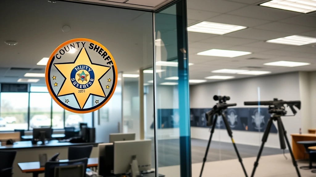 Modern Colorado sheriff's office interior with county seal visible, professional firearms safety training environment with shooting range equipment visible through glass, bright professional setting