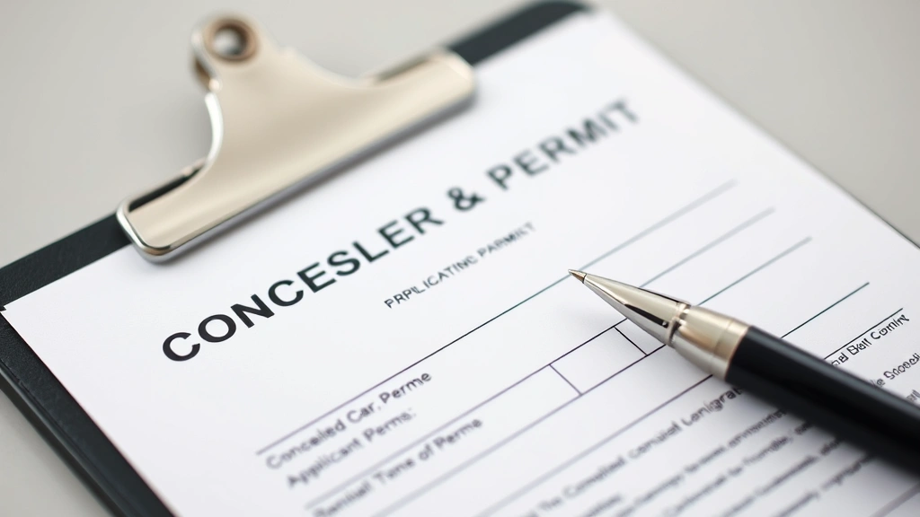 Close-up of concealed carry permit application form on clipboard with pen, Colorado state seal visible, professional documentation photography with neutral background
