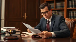 Professional attorney in business suit reviewing legal documents at mahogany desk with law books and gavel nearby, serious expression, modern office lighting, photorealistic