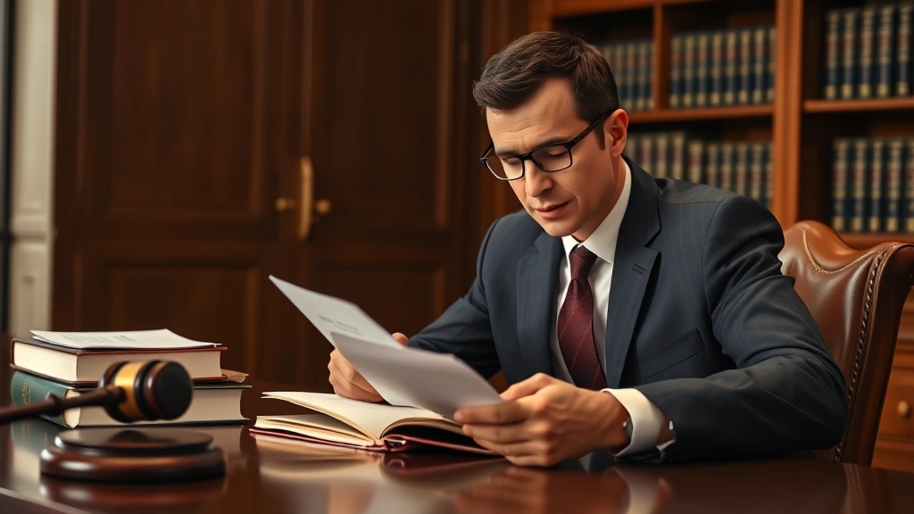 Professional attorney in business suit reviewing legal documents at mahogany desk with law books and gavel nearby, serious expression, modern office lighting, photorealistic