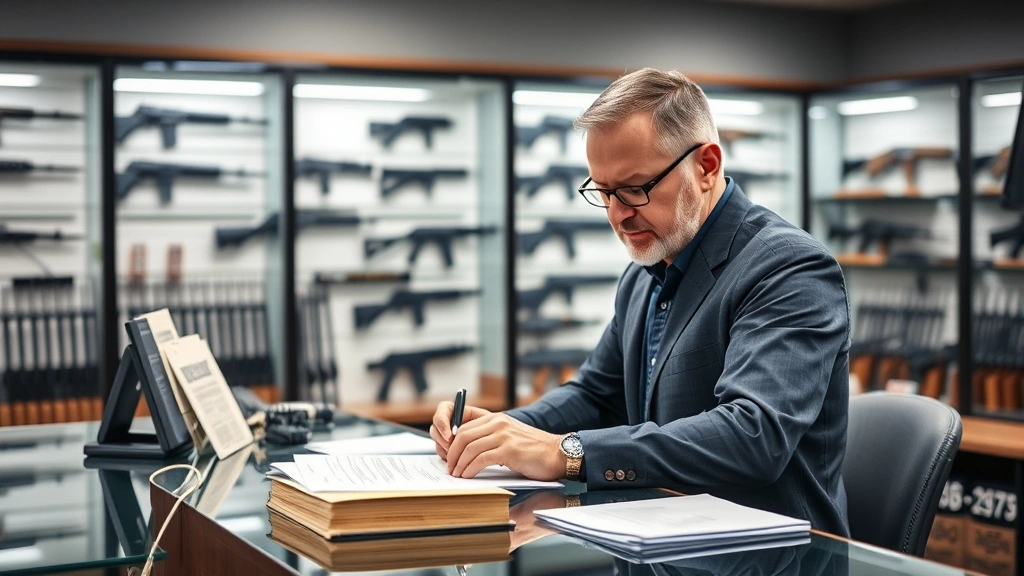 Licensed firearms dealer processing paperwork at counter in gun shop, professional setting with secure display cases in background, focused and professional demeanor, bright professional lighting