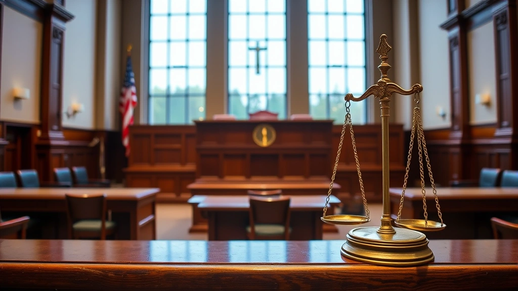 Courthouse interior with judge's bench and legal scales of justice visible, professional legal environment, natural daylight from tall windows, authoritative and formal atmosphere