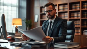 Professional male attorney in dark suit reviewing case documents at modern law office desk with legal books and computer, warm office lighting, confident expression, photorealistic