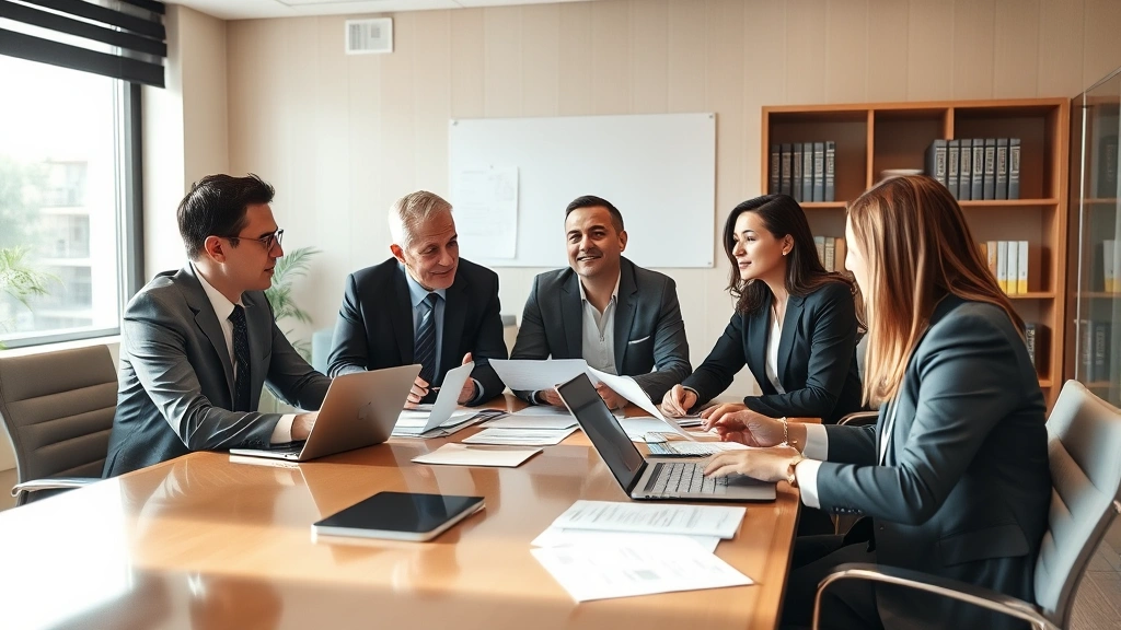 Diverse team of lawyers in business attire collaborating around conference table with documents and laptops, discussing case strategy, bright professional law office environment, photorealistic