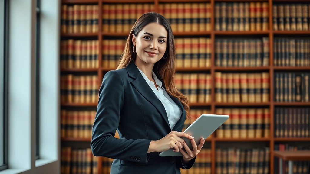 Female attorney in professional blazer standing in law library with law books in background, holding tablet, authoritative posture, modern courthouse or office setting, photorealistic