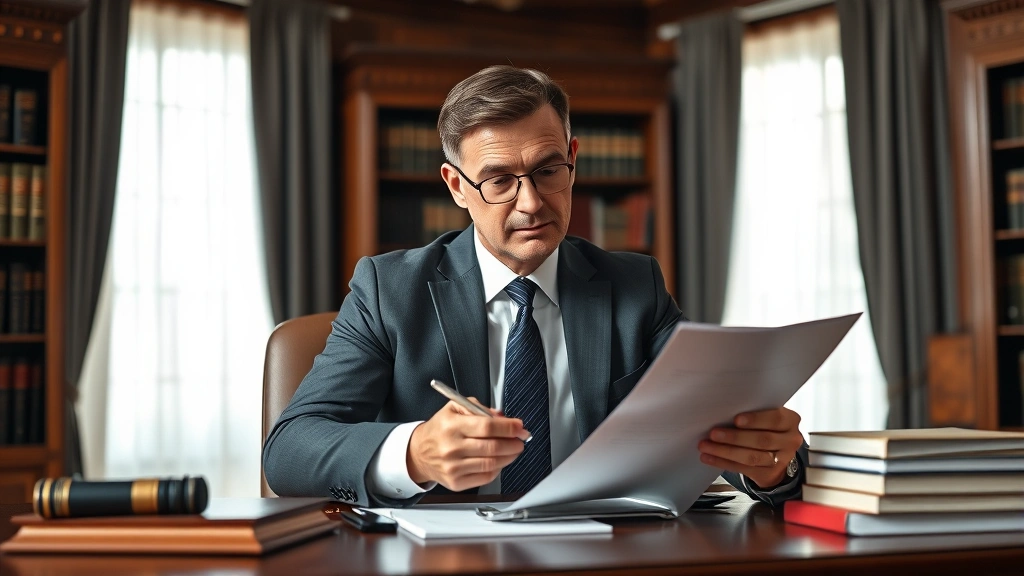 Professional attorney in business suit reviewing legal documents at wooden desk with law books and case files, serious expression, natural office lighting, photorealistic