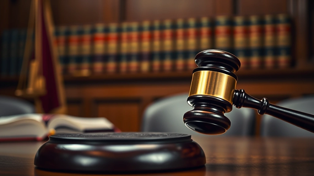 Close-up of gavel on judge's bench with law books blurred in background, professional courthouse setting, dramatic lighting emphasizing judicial authority, photorealistic