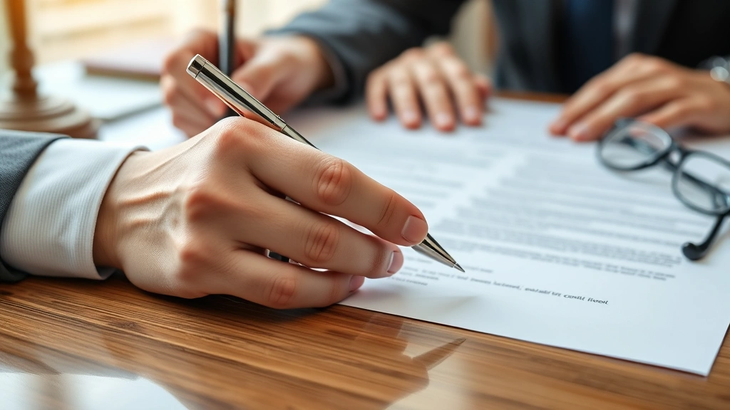 Close-up of attorney's hands reviewing contract documents with glasses and pen on desk in professional legal setting