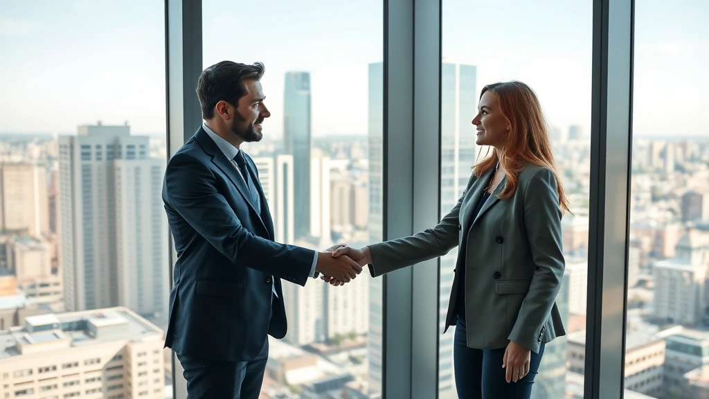 Two professional lawyers shaking hands in modern glass office building with windows overlooking city skyline