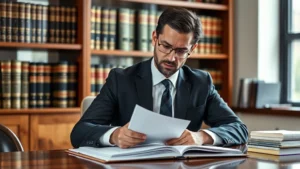 Professional lawyer in formal business attire reviewing legal documents at wooden desk with law books in background, serious focused expression, modern law office setting with natural lighting