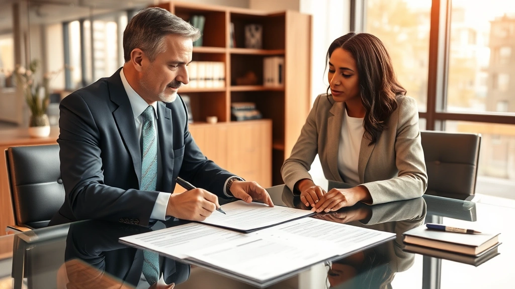 Professional estate planning attorney meeting with diverse couple in modern law office reviewing trust documents and financial statements on glass table with warm natural lighting
