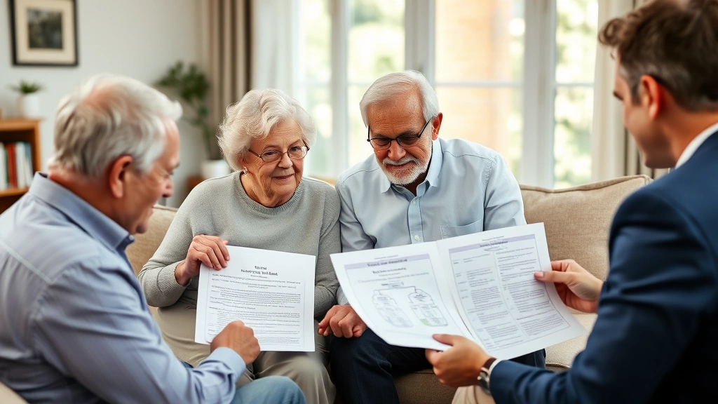 Elderly couple with adult son reviewing family trust plan with financial advisor in comfortable home office setting with inheritance documents and trust structure diagrams visible
