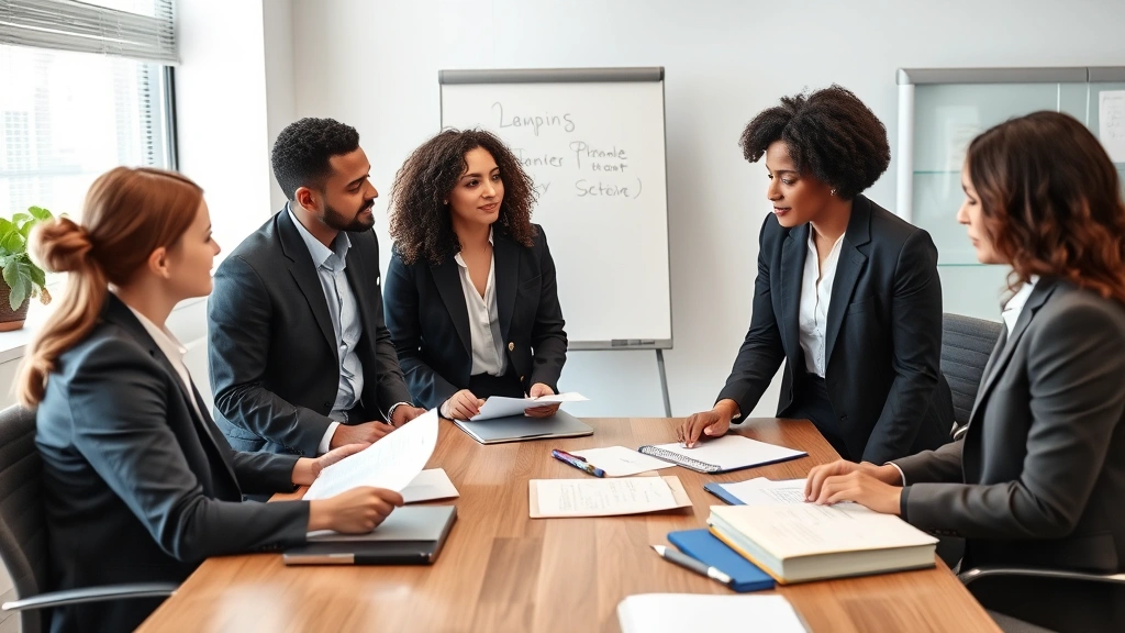 Diverse team of three attorneys in business casual attire having discussion in law office conference room with whiteboard and legal materials, collaborative focused atmosphere, professional setting