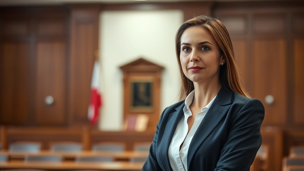 Senior female attorney in courtroom wearing business suit, standing confidently, blurred courthouse interior background with wooden details, professional dignified bearing, natural courtroom lighting
