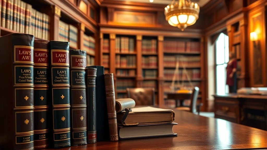 Professional legal environment featuring law books, leather-bound volumes, and mahogany desk in prestigious law library setting, warm lighting, sophisticated atmosphere, no text or signage visible