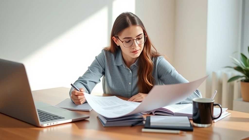 Academic achievement concept showing student at desk reviewing documents with pen, laptop, and coffee cup in bright study environment, focused expression, minimalist workspace, no visible text on documents